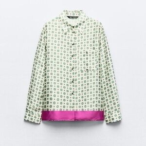 Zara White and Pink Patterned Button Down Silky Shirt